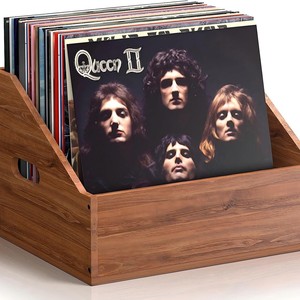 Caja de almacenamiento de discos de madera para discos de vinilo, organizador de escritorio para el hogar con asa, 23,9 cm de alto - Product Image 1
