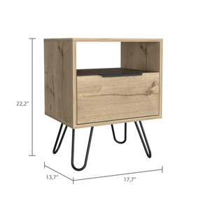 <b>Light</b> <b>Oak</b> 1-Shelf 1-Drawer Nightstand With Hairpin Legs For Bedroom Storage - Product Image 5