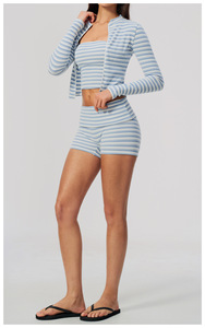 <b>Women's</b> Striped 2 Piece Set Hooded Sleeveless Crop <b>Top</b> High Waist Shorts Casual Spring Summer Outfit Breathable Rib Knit - Product Image 3