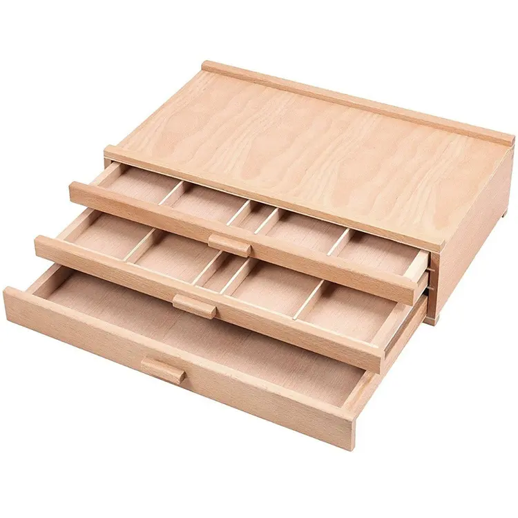 4-drawer Wood Artist Supply Storage Box Portable Beech Wood Multifunctional Pencil Brush Organizer Wood Box With Drawer