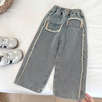 Ensemble de vêtements pour filles de printemps, style vintage, avec chemise à manches bouffantes, gilet en jean doux et pantalon large, deux pièces pour enfants