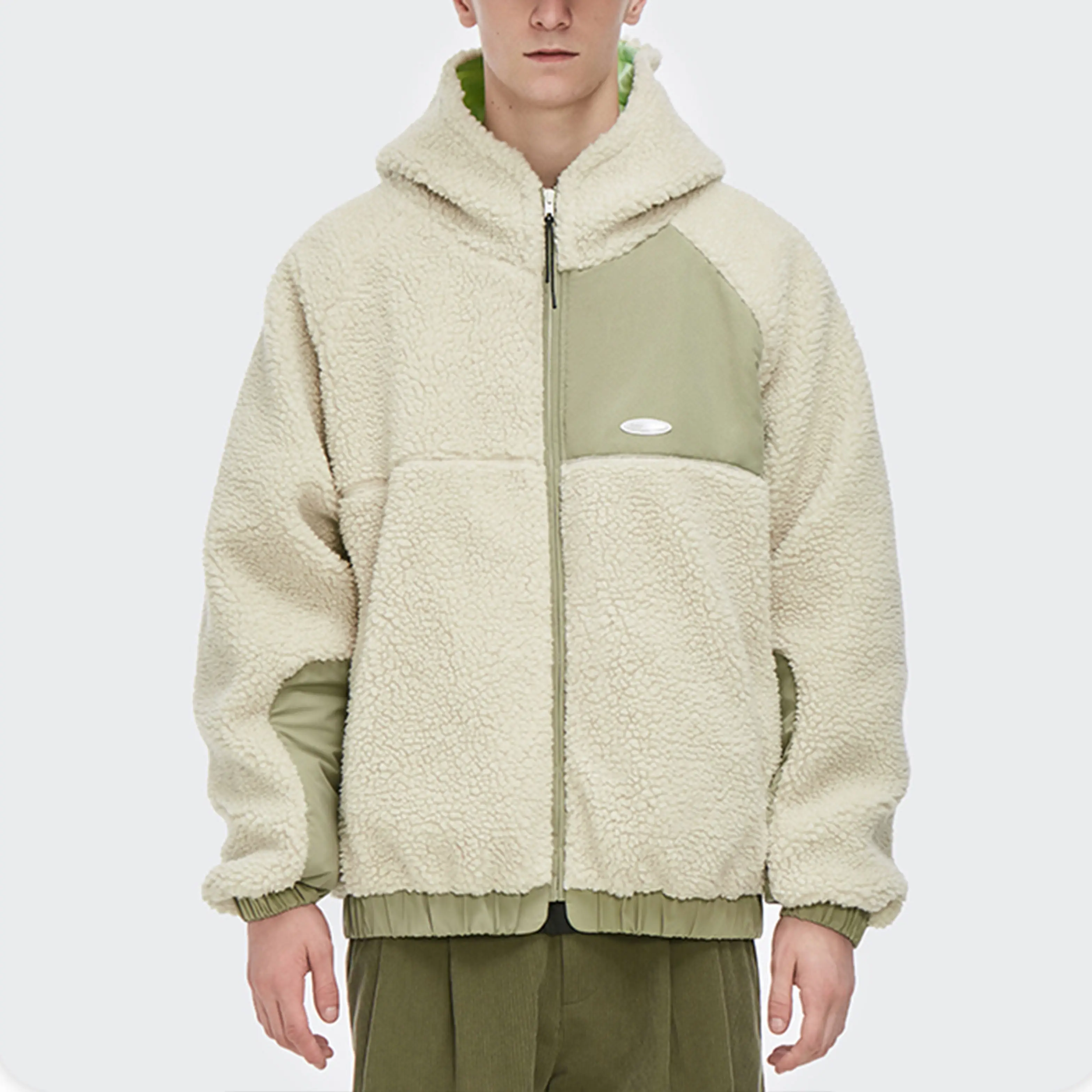INF Loose Lambwool Hood Nylon Patwork Sherpa Jacket Khaki Customized Men Plus Size Winter Jacket