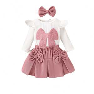 Conjunto Casual Lindo para Bebés Niñas: Pelele Blanco Acanalado de Manga Larga con Lazo y Falda Rosa para Primavera - Product Image 5