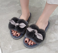 Chaussons d'intérieur d'hiver pour femme, à nœud, en fausse fourrure, avec oreilles, antidérapants, résistants à l'usure, à bout ouvert, gris rose uni, chauds, doux et moelleux pour la maison