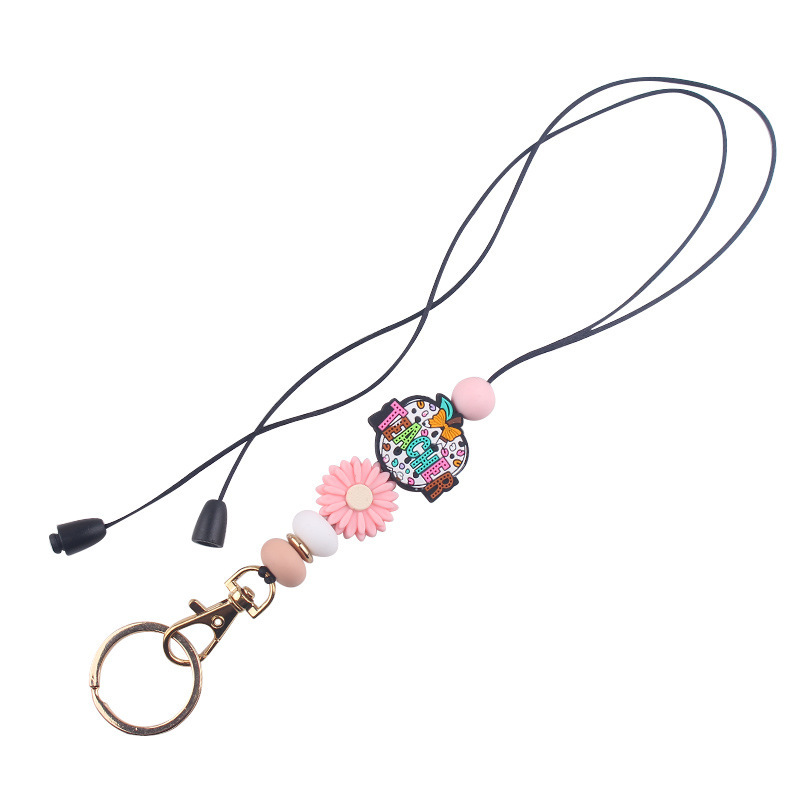 Bohemian Daisy Bead Keychain Badge Holder Cute Flower Silicone Key Ring Lanyard With Clip for Teachers Students Gift Idea Image 2