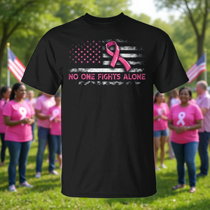 T-shirt rose avec ruban rose pour la sensibilisation au cancer du sein, design drapeau américain, « No One Fights Alone » - Product Image 2