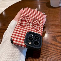 Étui de téléphone portable en cuir artificiel TPU avec broderie à carreaux et nœud papillon imprimé pour iPhone X Xr Xs 11 12 13 14 15 16 17 18 Pro Max