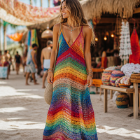 Robe longue trapèze personnalisée pour femme, en crochet à rayures arc-en-ciel, ajourée, à fines bretelles, style bohème, pour l'été, OEM, vente en gros, marque privée, en vrac