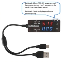 Testeur USB avec ports USB PD, moniteur de batterie avec affichage LED, multimètre de mesure de la capacité, de la tension, du courant et de la puissance pour batterie externe