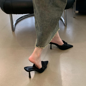 2023 Autumn New Baotou Slippers for Women Fashion Pointed Bow Tie High Heel Half Slippers for Women 41 - Product Image 3