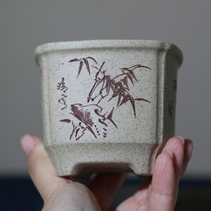 Maceta de Bonsái en Miniatura Zisha, Arcilla con Diseño de Copo de Nieve, Hecha a Mano, Estilo Chino, Maceta Grabada - Product Image 1