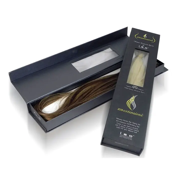 Hete Verkoop Luxe Zwarte Rechthoek Goft Box Magnetische Sluiting Stijve Kartonnen Papier Haarverlenging Pruik Verpakking Met Venster