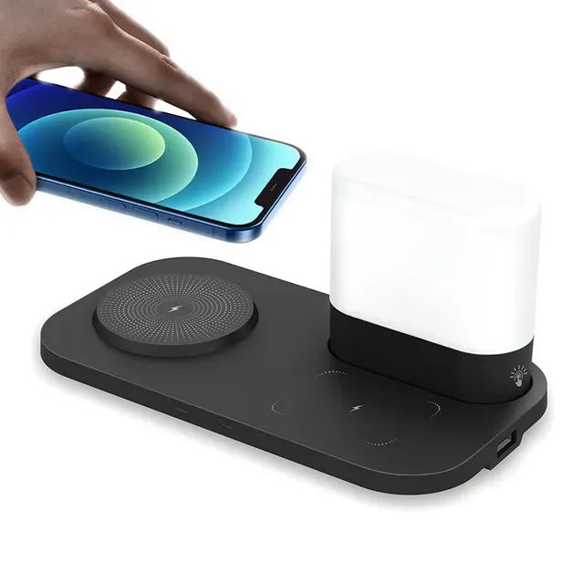 Nightstand Charging Station,15W 3 in 1 Wireless Phone Charger Stand with Night Lamp,Travel Foldable Magnetic Dock for iPhone