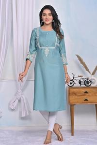 Vestido de verano ligero de encaje bordado con cierre de botón Kurti de algodón de rayón de alta demanda para mujer de último diseñador para gasa a cuadros - Product Image 2