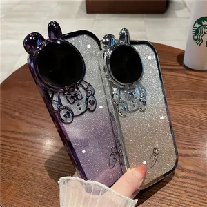 electroplating transparent glitter lens protection bracket phone case for iphone 13 12 14 for iphone 15 phone case rabbit