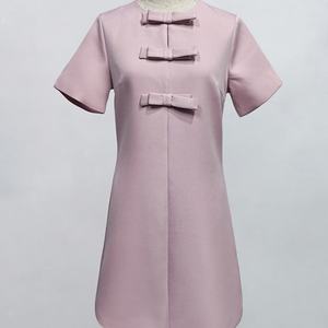 Wholesale Customized OEM ODM High Quality Autumn Natural Waist Midi Length Solid Color O-Neck Short Sleeve Casual <b>Dresses</b> - Product Image 3