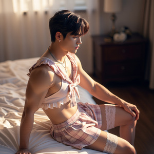 Men's JK uniform style pink plaid mini <b>skirt</b>, male servant cross-dressing role-playing tie-up plus size lingerie - Product Image 3
