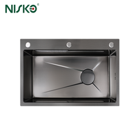 Évier de cuisine multifonctionnel Nisko 304 en acier inoxydable noir ou argenté, fait main, avec cascade intégrée