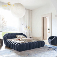 Neuestes Kingsize Luxus-Lederbett mit Dunkelblauem Stoffbezug, Modernes 3D-Bubble-Design mit Stauraum