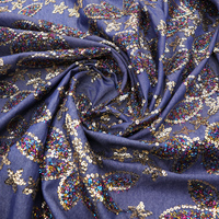 Tissu en jean brodé de perles au crochet écologiques, avec sequins scintillants et motif feuille pour robe femme