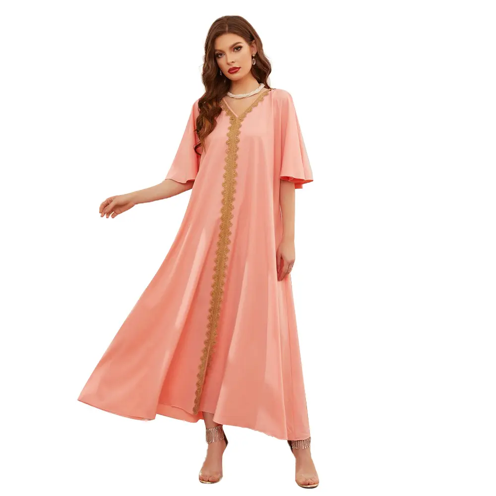 Müslüman kadın elbise moda Disegnet v yaka kısa kollu basit Abaya pakistan'da tasarımlar