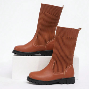 Kids Winter Fashion Solid Color Leather Knitted Over Ankle <b>High</b> Leg Children Long Boots - Product Image 1