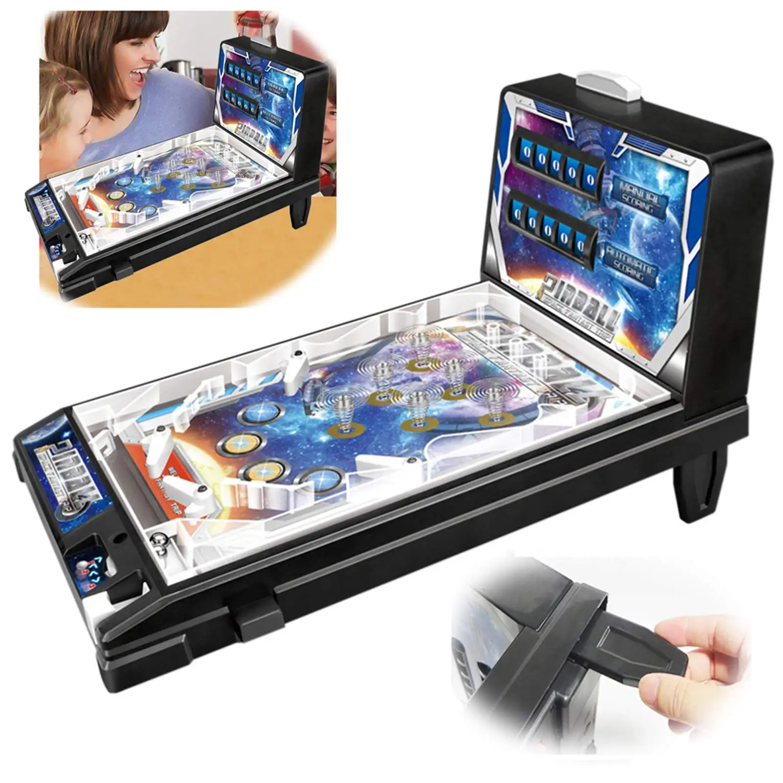 Mesin Pinball Mini meja permainan Arcade papan Pinball mainan Retro secara manual & otomatis nilai dengan Lampu & musik untuk anak-anak