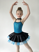 Robe de tutu de ballet à sequins pour filles, col halter, jupe en tulle bleu sur satin noir, costume de danse pour compétition