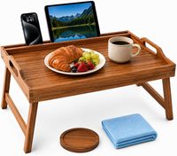 Plateau de lit en bois d'acacia pour ordinateur portable avec support pour téléphone, plateau de service pour petit-déjeuner, bureau portable pour ordinateur portable, table de chevet avec pieds pliables