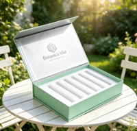 Boîte cadeau magnétique pliable en crème, logo hexagonal en feuille d'or personnalisé, plateau en mousse EVA à 6 compartiments pour l'emballage des ampoules de soins de la peau