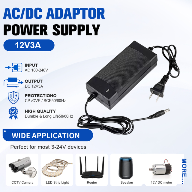AC DC 12V 3A 36W Full Current Power Adapter OEM ODM for LCD TV LED Screen Monitor Security Camera Power Charger