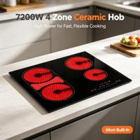 Table de cuisson vitrocéramique encastrable 7200W, 4 zones, grande zone de cuisson, commandes tactiles, compatible avec tous les ustensiles de cuisson, 60cm