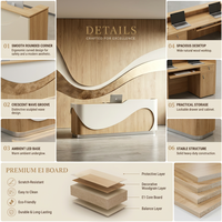 Comptoir de réception LED en bois ondulé de luxe léger avec incrustations, idéal pour salon de beauté, bureau, boutique de vêtements, spa