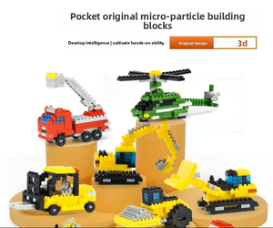 Ensemble de jouets éducatifs en micro-particules ABS, comprenant des blocs de construction, des véhicules de circulation transfrontalière, des excavatrices et des voitures de course, conditionnés en sachet - Product Image 1