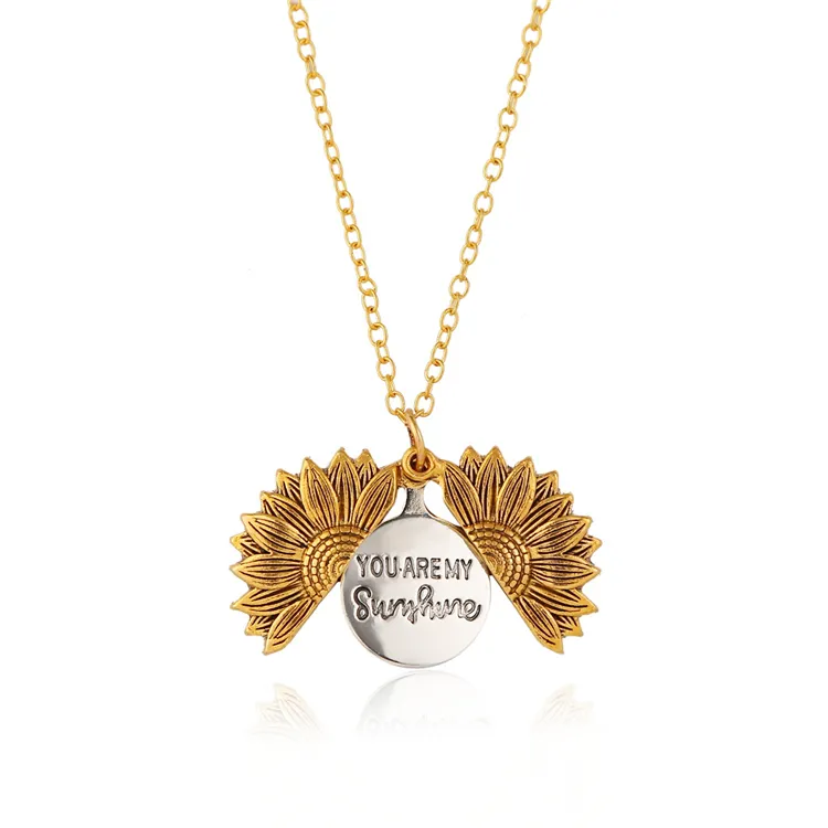 Drop Shipping Custom You Are My Sunshine inciso aperto medaglione collane girasole collana pendente per regalo di san valentino