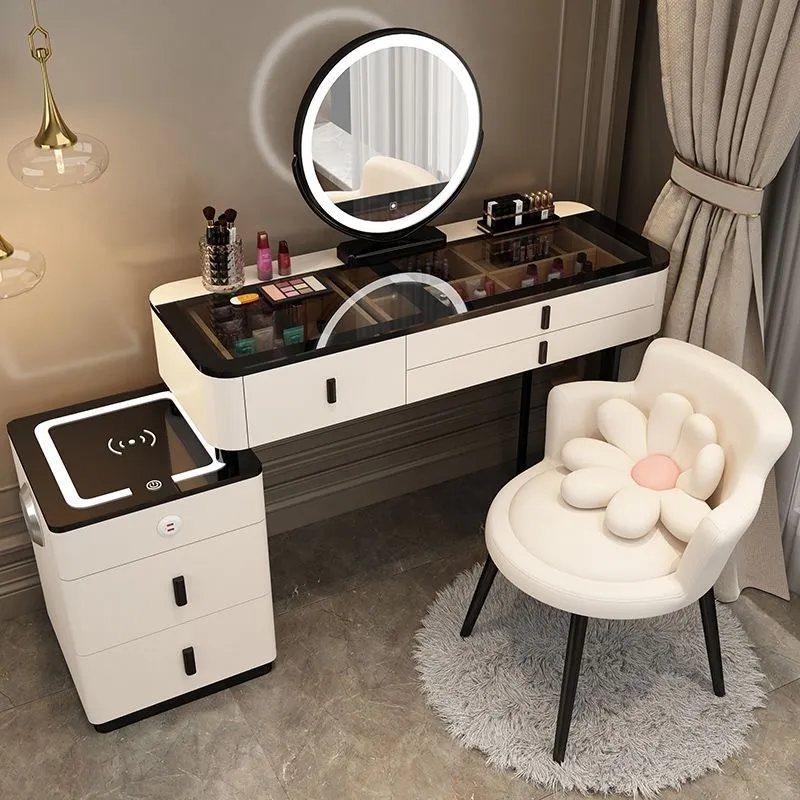Modern tasarım beyaz soyunma tablo seti ayna ve sandalye ile yatak odası mobilyası akıllı Led ışık makyaj Vanity masa