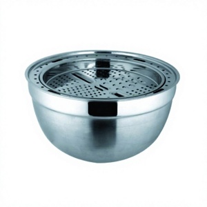 Bol de service à salade de fruits en acier inoxydable de style allemand Bol à mélanger en verre et métal écologique avec plat de préparation des aliments de couleur argentée - Product Image 1
