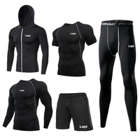 Ensemble de compression personnalisé en gros de 5 pièces, t-shirt de fitness, short, collants à séchage rapide, tenue de sport, jogging pour hommes