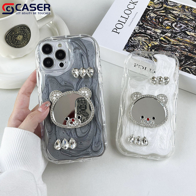 Summer Little Bear Makeup Mirror Cream Pattern Epoxy Glitter Diamonds Cell Phone Cases for iphone 17 16 15 14 13 12 11 Series