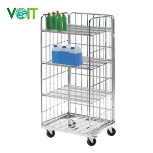 Warehouse Steel Wire Mesh Parcel Transport Cage Trolley With Shelves