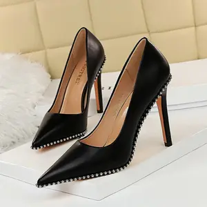 Chaussures élégantes pour femmes Talons aiguilles Pointed Pumps PU Leather Daily Office Ladies Dress Shoes
