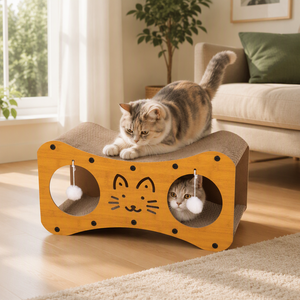 Gebogener Katzenbaum 52cm Wellpappe & Holzmaserung MDF-Platte Katzengesicht-Design Interaktive Pompon-Spielzeuge - Product Image 2