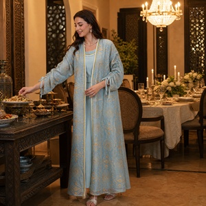 Ensemble Abaya Ouvert Deux Pièces en Polyester avec Broderie Exquise et Manches à Nouer, Tenue Longue pour <span class=keywords><strong>l</strong></span>'Aïd et les Mariages (ODM) - Product Image 3