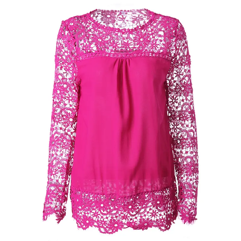 Wholesale Spring Women Clothing Plus Size Sheer Sleeve Embroidery Lace Crochet Chiffon Shirt