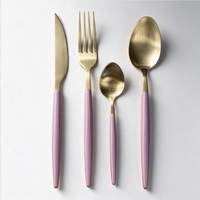 Ensemble de couverts en acier inoxydable 430 pour plaqué or PVD, 4 pièces, finition miroir, couteau, fourchette et cuillère à dîner avec manche en plastique, pour mariage