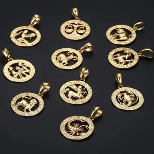 High Quality 12 Constellations Pendants Astrology Charms 12 Zodiac Charms Gold Color Alloy Necklaces