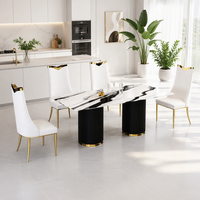 Ensemble de table à manger moderne en pierre frittée de luxe italienne, table rectangulaire à motif marbre blanc avec 6 chaises en cuir PU, pieds dorés