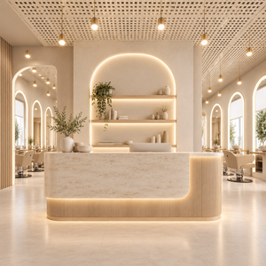 Juego Completo de Muebles para Salón de Belleza Estilo Crema Personalizado con Espejo Arqueado LED, Mostrador de Recepción, Silla de Champú, Sofá de Espera - Product Image 3