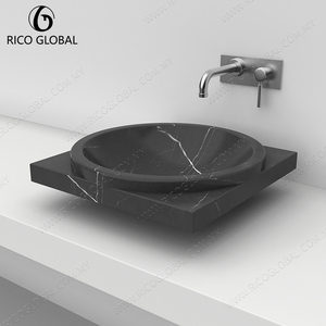 Lavabo vasque moderne en marbre noir, finition polie, design minimaliste à poser sur le plan de salle de bain - Product Image 2