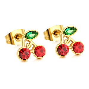 Pendientes de Cereza con Cristales Rojos y Verdes, Engaste de Bisel, Poste de Acero Inoxidable, Joyería de Regalo para Mujer - Product Image 4